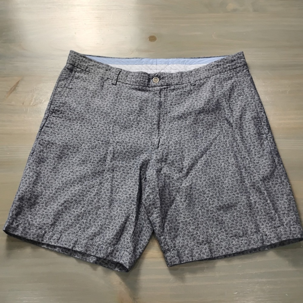 Peter Millar Shorts Mens 35 Blue AOP Flat Front Golf Linen Blend Stretch